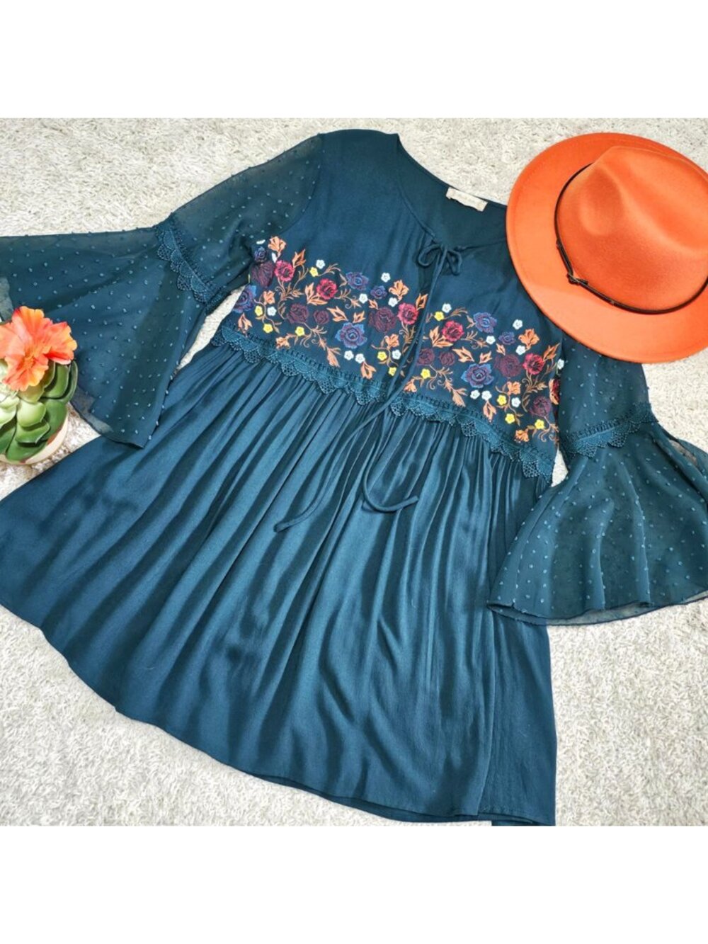 Altar'd State Brand Dress. Teal Green Floral Embroidered Swiss Dot. Size Small - Picture 8 of 13